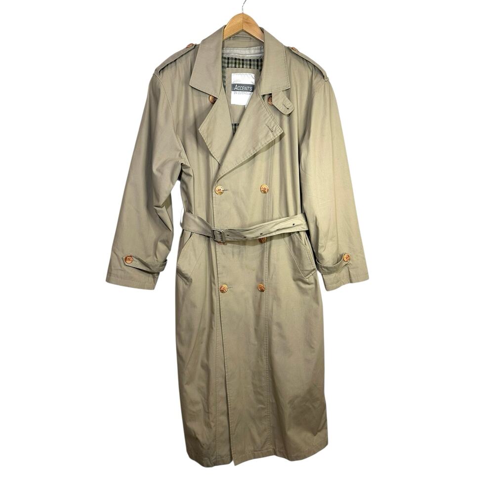 VTG Accents On Outerwear Mens Tan Double Breasted Trench Coat Removable Liner 38
